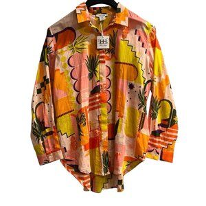 Haute Hippie Top Womens M Orange Mixed Tropical Print Button Down Cotton Resort